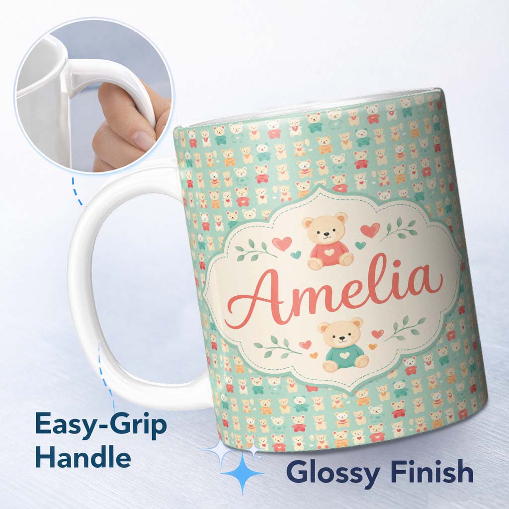 Personalized Custom Name Small Cute Teddy Bears on Green Background Seamless Pattern Name 11oz Ceramic Coffee Tea Mug White Large Handle