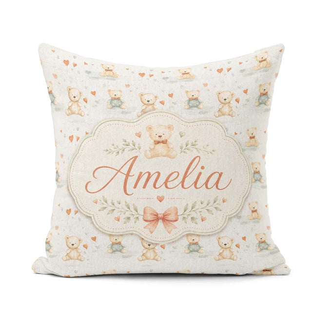 Custom Name Teddy Bears with Hearts and Soft Background Seamless Square Filled Cushion Throw Pillow Sofa Bed Home Decor Zip Washable UK Made