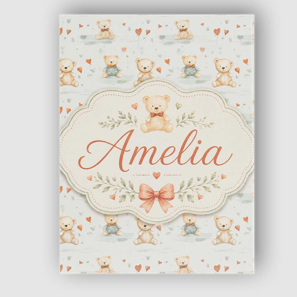 Personalised Name Cute Teddy Bears with Custom  Modern Room Accent Elegant Feature Canvas Wall Art Print Decor Picture Ready to Hang