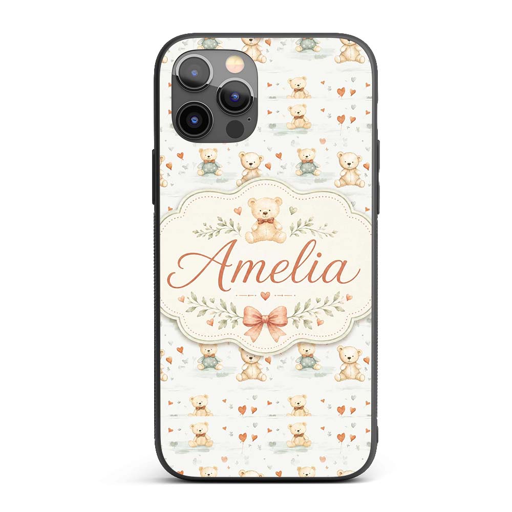 Cute Teddy Bears with Hearts and Soft Pastel Custom Name Protective Phone Case Mobile Cover Durable Everyday Smartphone Shock Resistant