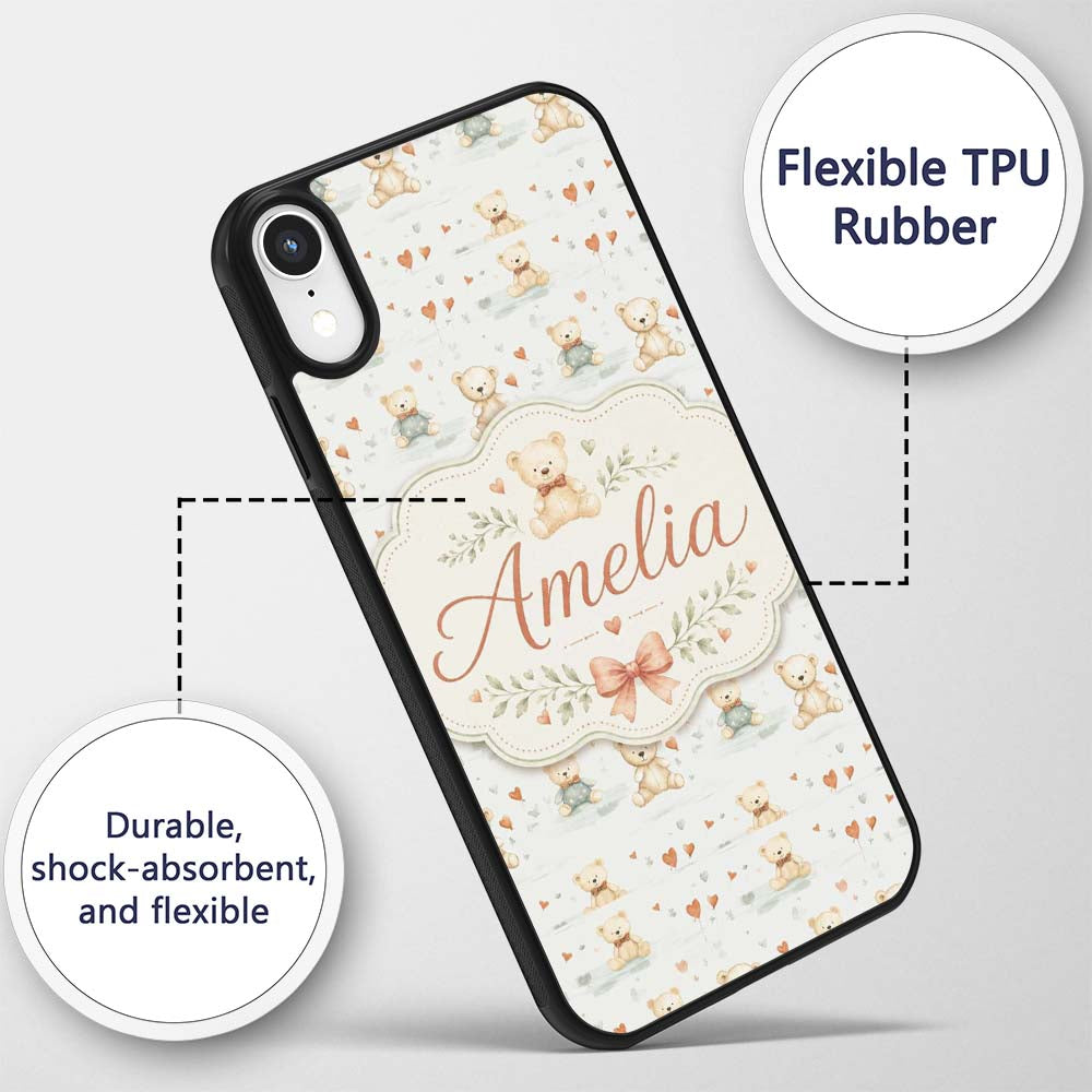 Cute Teddy Bears with Hearts and Soft Pastel Custom Name Protective Phone Case Mobile Cover Durable Everyday Smartphone Shock Resistant