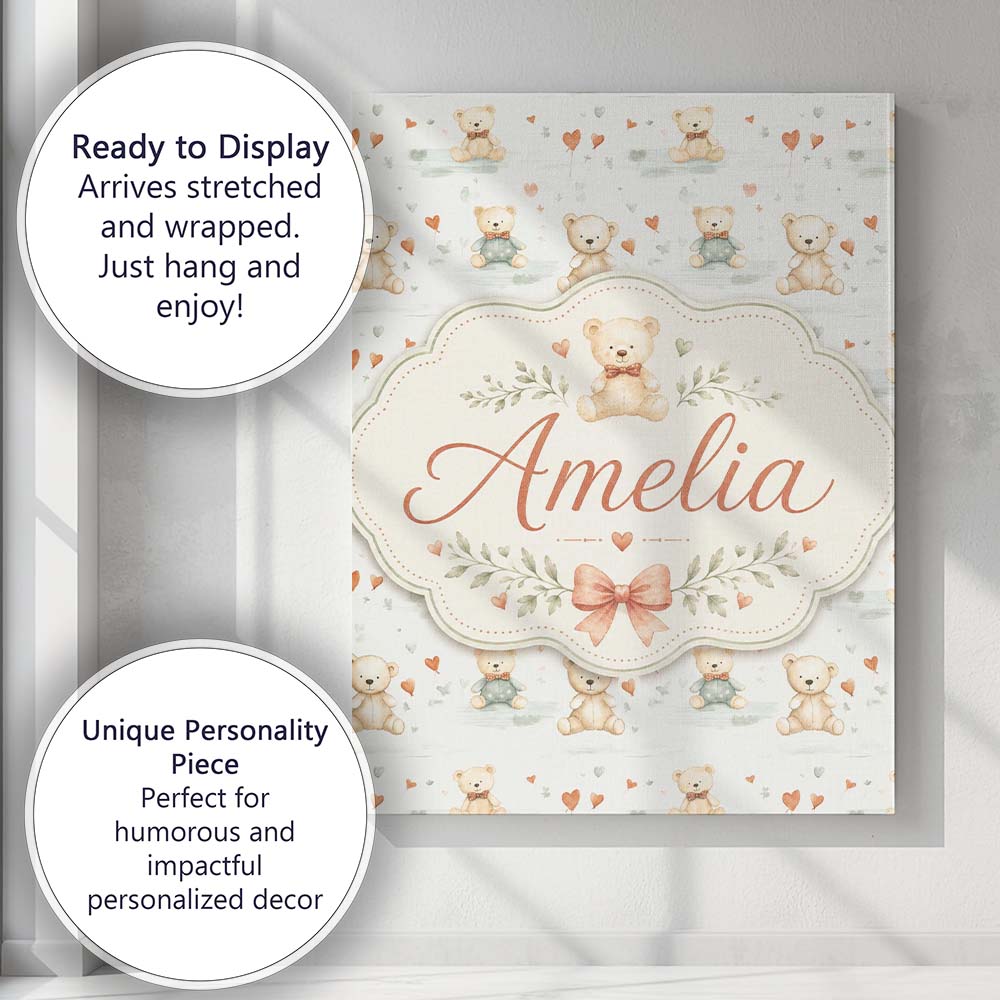 Personalised Name Cute Teddy Bears with Custom  Modern Room Accent Elegant Feature Canvas Wall Art Print Decor Picture Ready to Hang