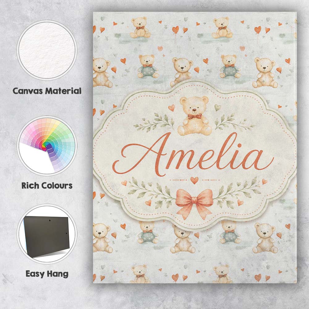 Personalised Name Cute Teddy Bears with Custom  Modern Room Accent Elegant Feature Canvas Wall Art Print Decor Picture Ready to Hang