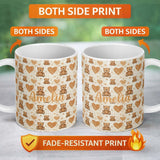 Personalized Custom Name Brown Teddy Bears with Large Hearts Cute Seamless Pattern Name 11oz Ceramic Coffee Tea Mug White Large Handle