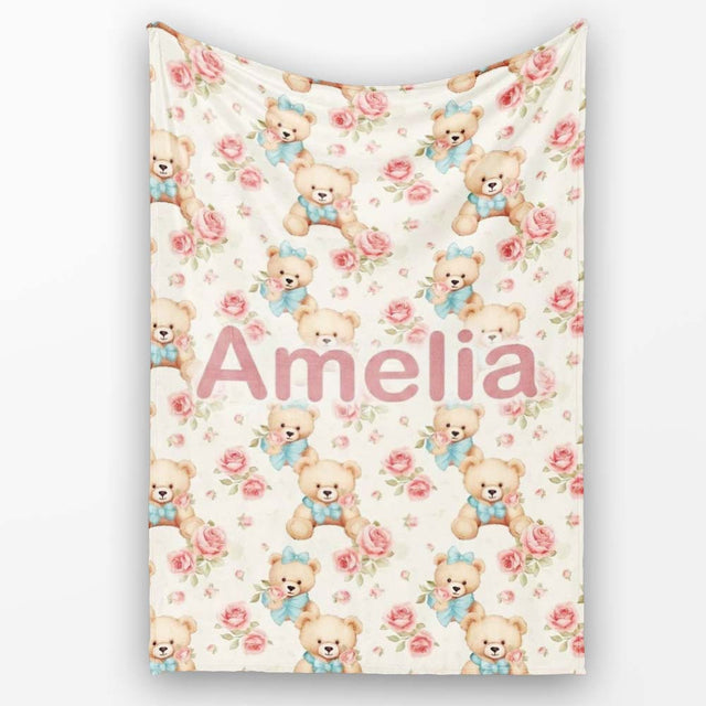 Teddy Bears with Blue Bows and Pink Roses Seamless Pattern Name Cute  Personalised Custom Name Super Soft Fleece Blanket Bed Sofa Throw