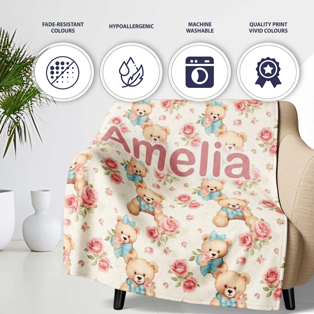 Teddy Bears with Blue Bows and Pink Roses Seamless Pattern Name Cute  Personalised Custom Name Super Soft Fleece Blanket Bed Sofa Throw