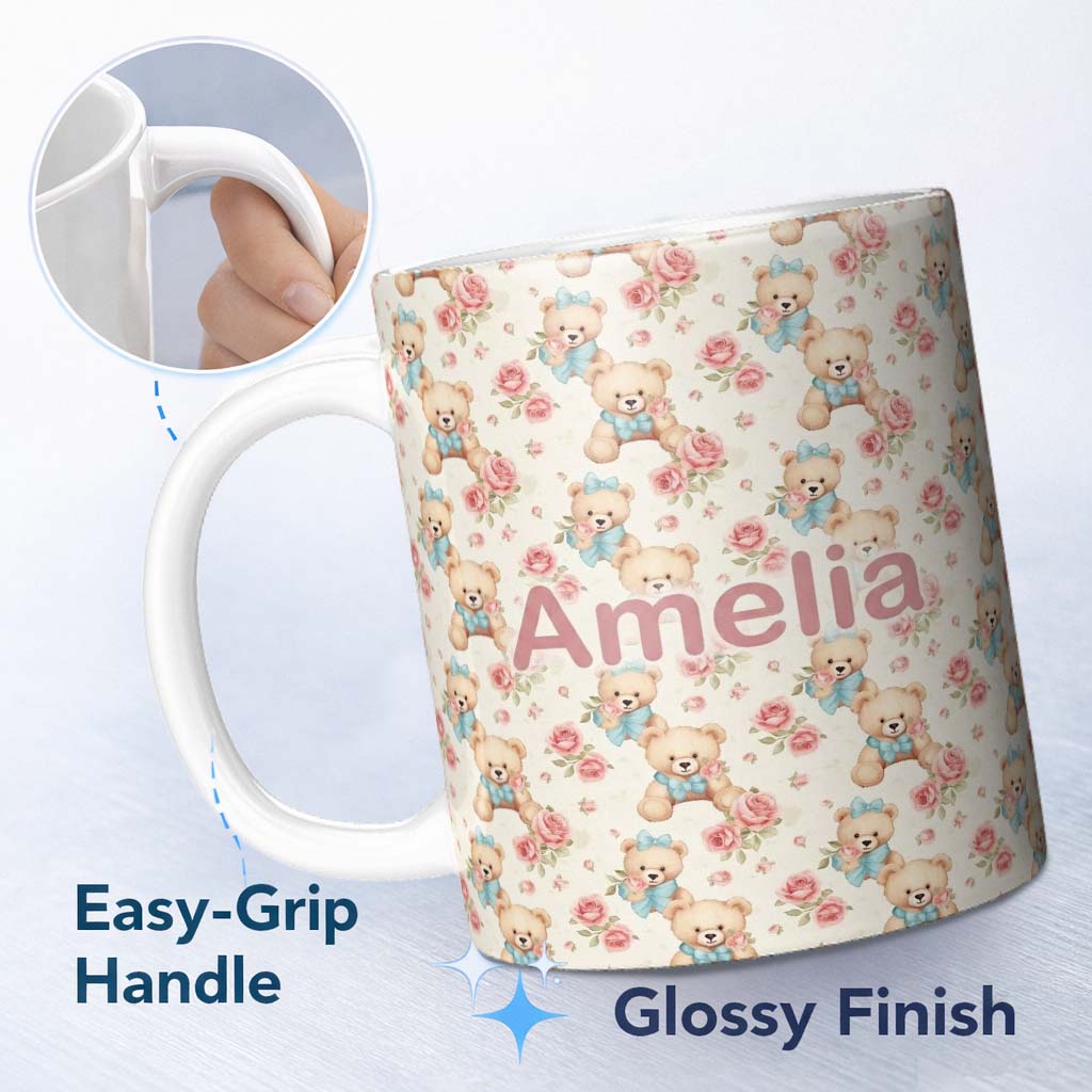 Personalized Custom Name Teddy Bears with Blue Bows and Pink Roses Seamless Pattern Name Cute 11oz Ceramic Coffee Tea Mug White Large Handle