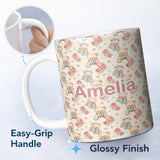 Personalized Custom Name Teddy Bears with Blue Bows and Pink Roses Seamless Pattern Name Cute 11oz Ceramic Coffee Tea Mug White Large Handle