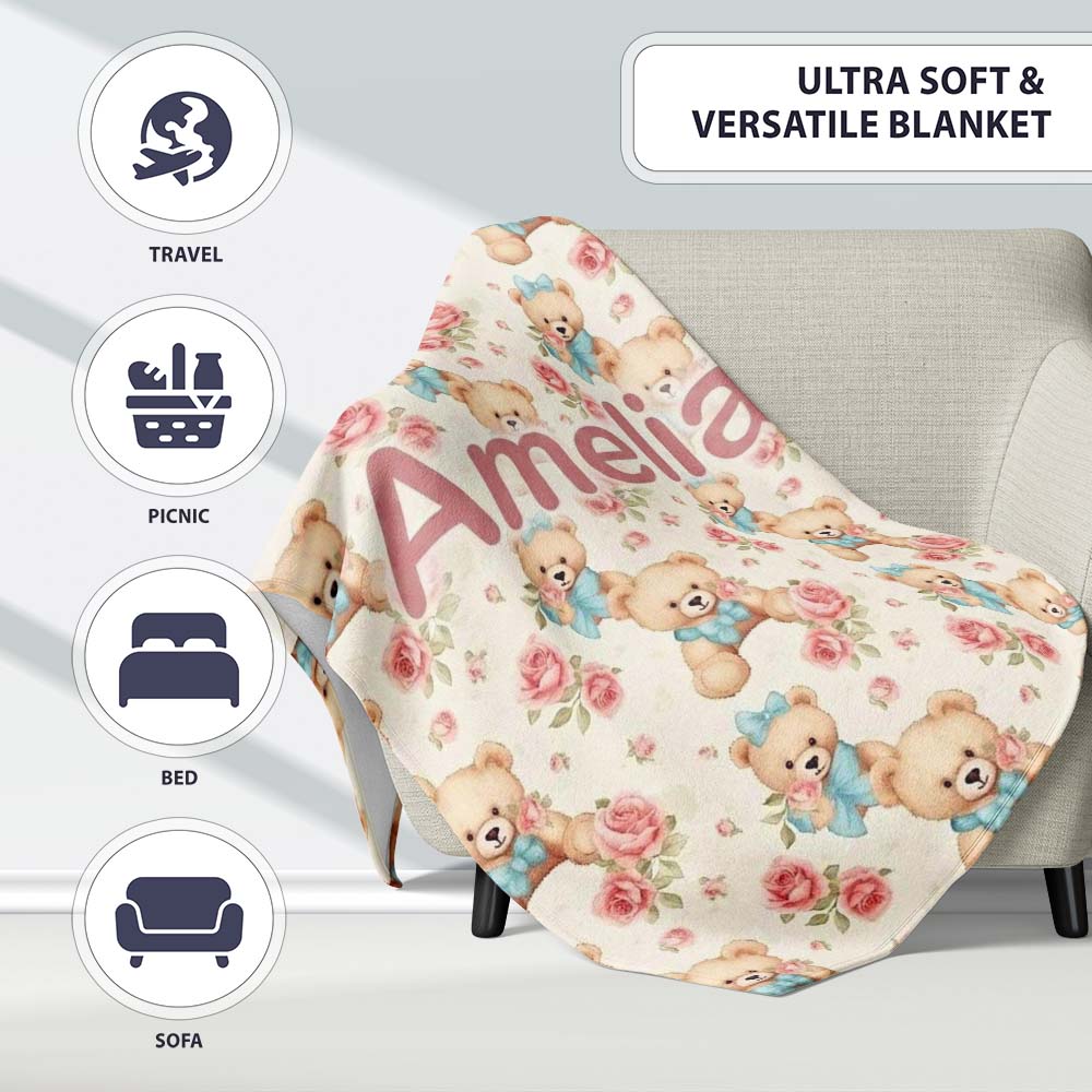 Teddy Bears with Blue Bows and Pink Roses Seamless Pattern Name Cute  Personalised Custom Name Super Soft Fleece Blanket Bed Sofa Throw