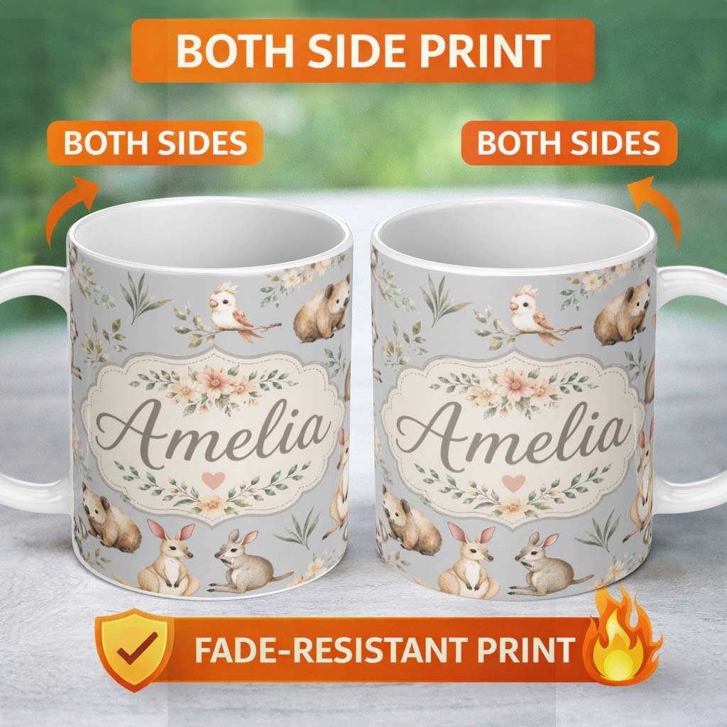 Personalized Custom Name Cute Woodland Animals Koala Kangaroo Bear Floral Pattern Grey Lovely 11oz Ceramic Coffee Tea Mug White Large Handle