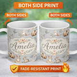Personalized Custom Name Cute Woodland Animals Koala Kangaroo Bear Floral Pattern Grey Lovely 11oz Ceramic Coffee Tea Mug White Large Handle