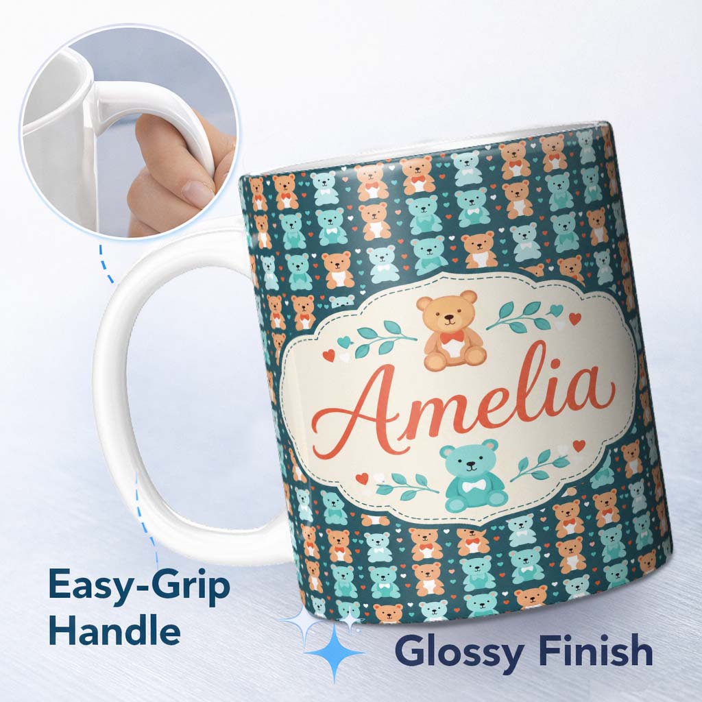 Personalized Custom Name Cute Colorful Teddy Bears on Dark Background Seamless Pattern Name 11oz Ceramic Coffee Tea Mug White Large Handle