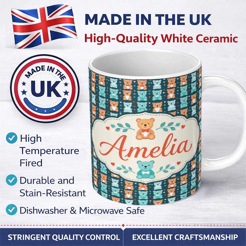 Personalized Custom Name Cute Colorful Teddy Bears on Dark Background Seamless Pattern Name 11oz Ceramic Coffee Tea Mug White Large Handle