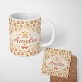 Personalized Custom Name Adorable Teddy Bears with Hearts on Cream Background Seamless 11oz Ceramic Coffee Tea Mug White Large Handle