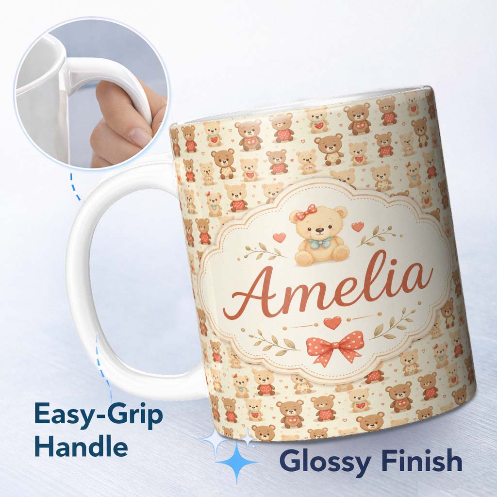Personalized Custom Name Adorable Teddy Bears with Hearts on Cream Background Seamless 11oz Ceramic Coffee Tea Mug White Large Handle