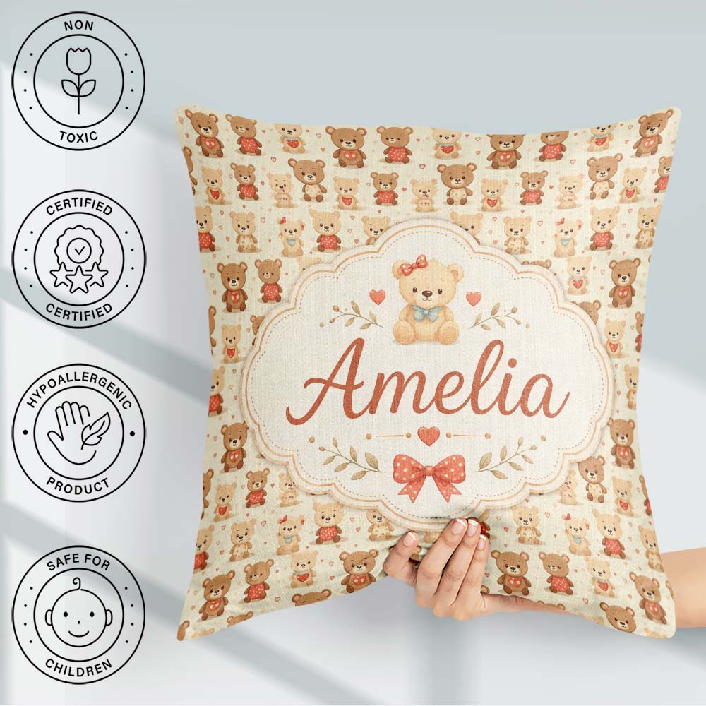 Custom Name Adorable Teddy Bears with Hearts on Cream Background Square Filled Cushion Throw Pillow Sofa Bed Home Decor Zip Washable UK Made