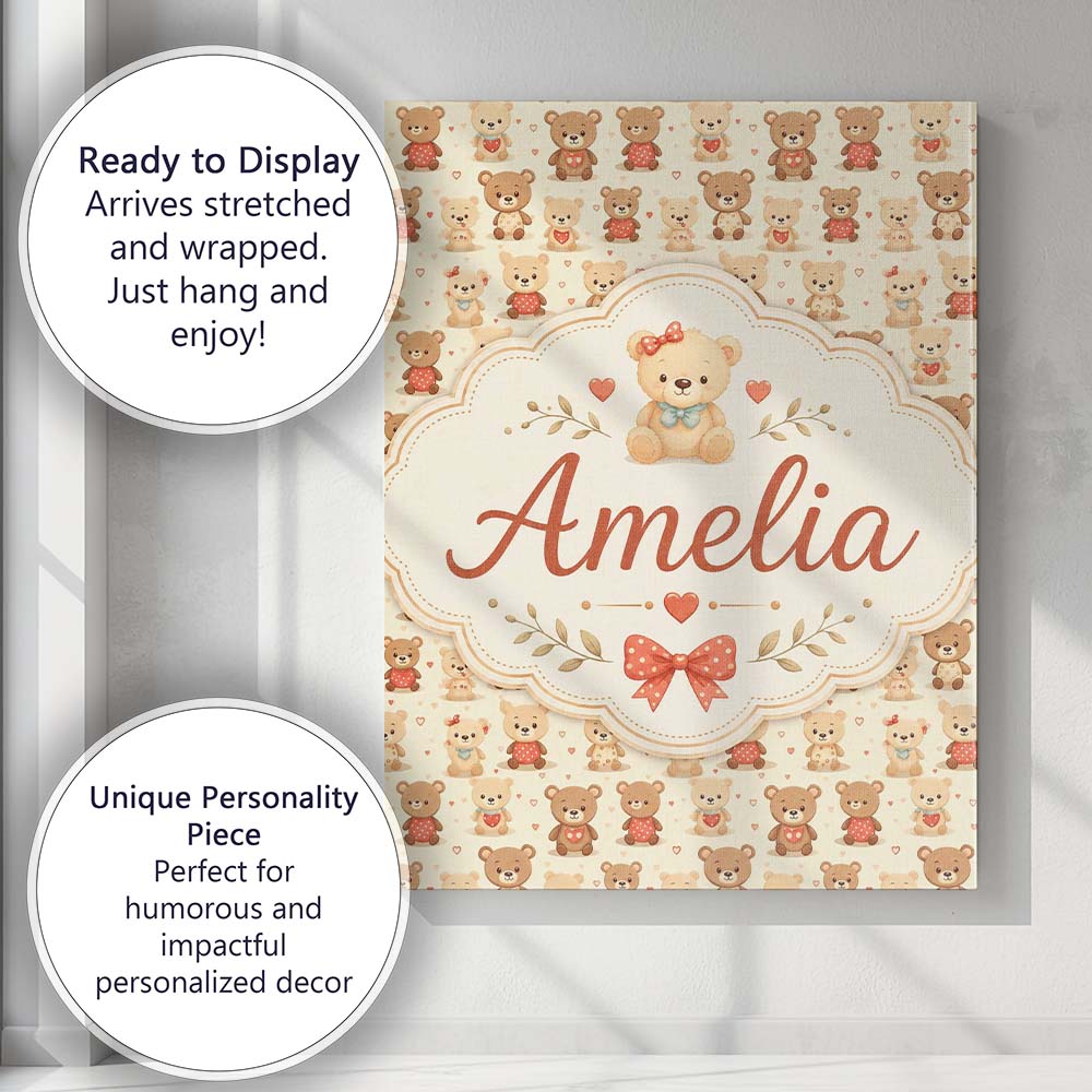 Personalised Name Adorable Teddy Bears with Custom  Bespoke Interior Contemporary Canvas Wall Art Print Decor Picture Ready to Hang