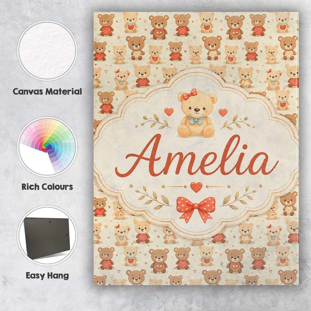 Personalised Name Adorable Teddy Bears with Custom  Bespoke Interior Contemporary Canvas Wall Art Print Decor Picture Ready to Hang