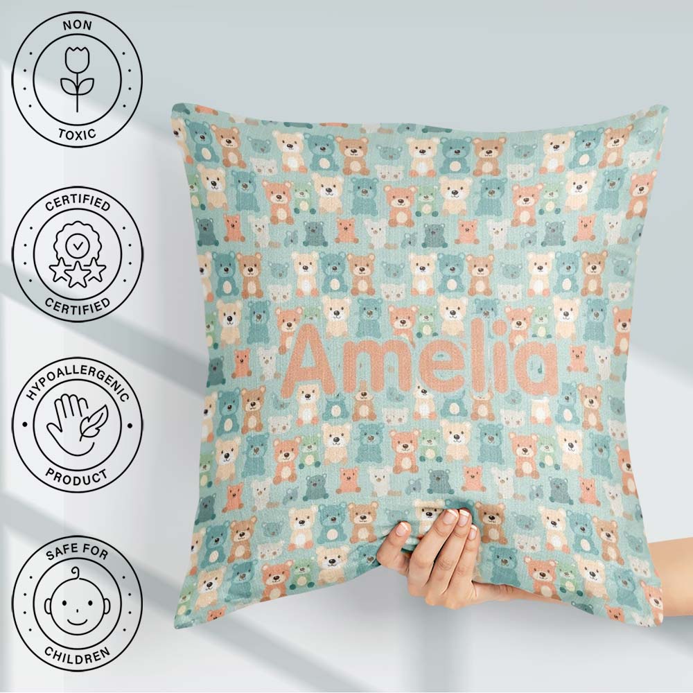 Custom Name Pastel Teddy Bears Repeating Characters Pattern Name Square Filled Cushion Throw Pillow Sofa Bed Home Decor Zip Washable UK Made