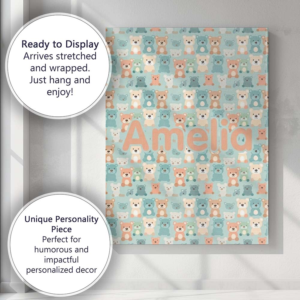 Personalised Name Pastel Teddy Bears Custom Premium Decorative Design Modern Room Accent Canvas Wall Art Print Decor Picture Ready to Hang