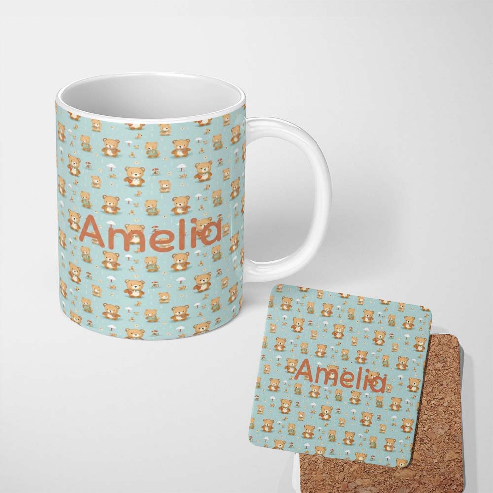 Personalized Custom Name Teddy Bears with Umbrellas and Small Elements Seamless Pattern Name 11oz Ceramic Coffee Tea Mug White Large Handle