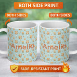 Personalized Custom Name Teddy Bears with Umbrellas and Small Elements Seamless Pattern Name 11oz Ceramic Coffee Tea Mug White Large Handle