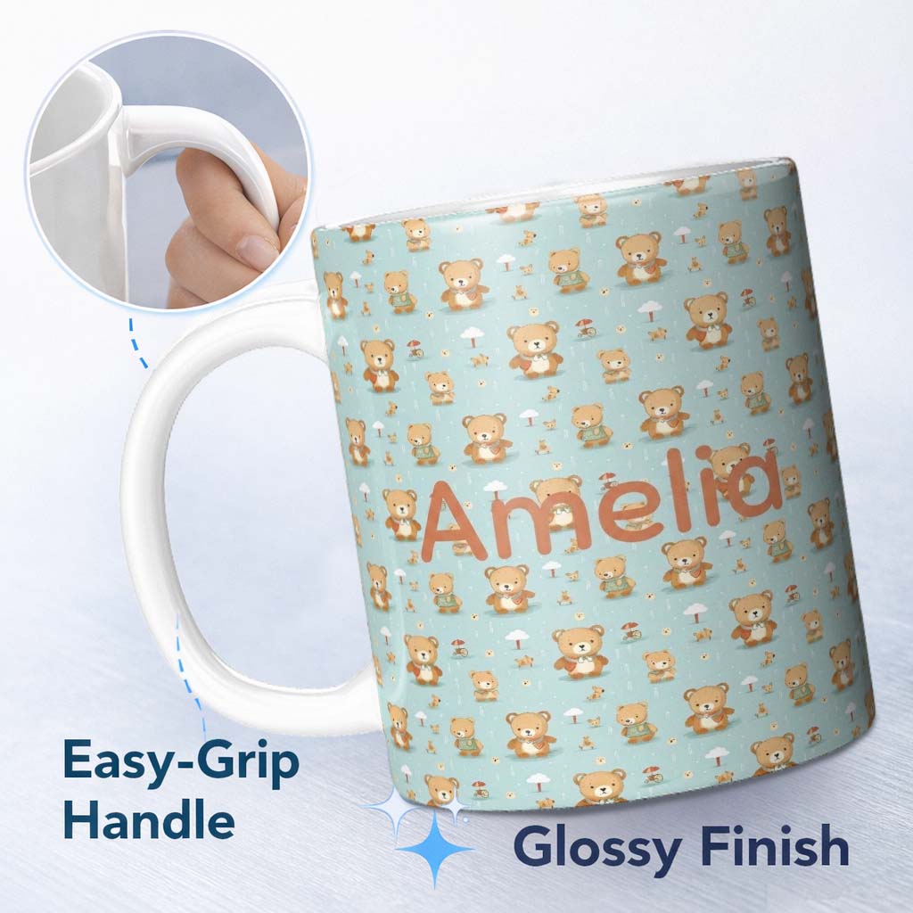 Personalized Custom Name Teddy Bears with Umbrellas and Small Elements Seamless Pattern Name 11oz Ceramic Coffee Tea Mug White Large Handle