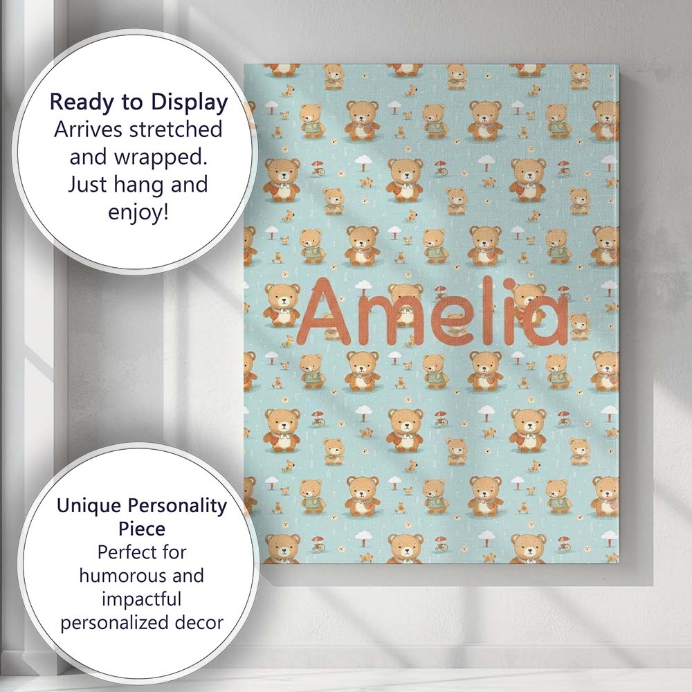 Personalised Name Teddy Bears with Umbrellas Custom Bespoke  Contemporary Display Canvas Wall Art Print Decor Picture Ready to Hang