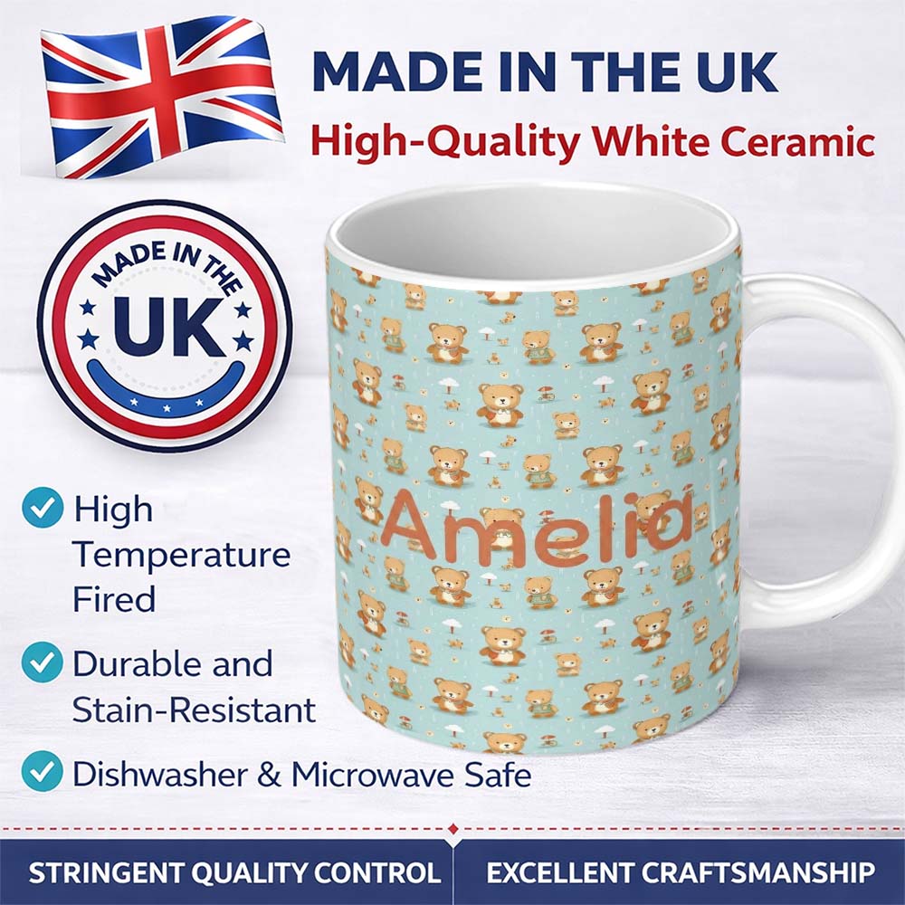 Personalized Custom Name Teddy Bears with Umbrellas and Small Elements Seamless Pattern Name 11oz Ceramic Coffee Tea Mug White Large Handle