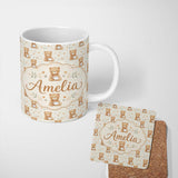 Personalized Custom Name Cute Teddy Bears Holding Tea Cups Seamless Pattern Custom Name 11oz Ceramic Coffee Tea Mug White Large Handle