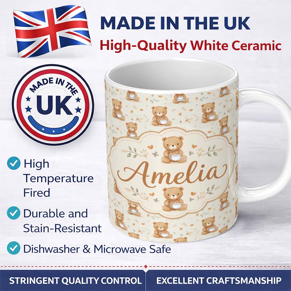 Personalized Custom Name Cute Teddy Bears Holding Tea Cups Seamless Pattern Custom Name 11oz Ceramic Coffee Tea Mug White Large Handle