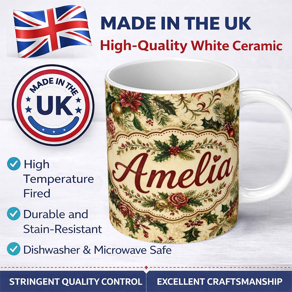 Personalized Custom Name Vintage Christmas Holly Berry Floral Elegant Seamless Pattern Lovely 11oz Ceramic Coffee Tea Mug White Large Handle