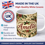 Personalized Custom Name Vintage Christmas Holly Berry Floral Elegant Seamless Pattern Lovely 11oz Ceramic Coffee Tea Mug White Large Handle