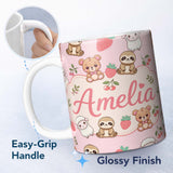 Personalized Custom Name Cute Cute Baby Animals Bear Sheep Sloth Strawberry Cherry Pink 11oz Ceramic Coffee Tea Mug White Large Handle