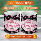 Personalized Custom Name Cute Pink Plant Pots Leaves Strawberry Seamless Pattern Black Lovely 11oz Ceramic Coffee Tea Mug White Large Handle