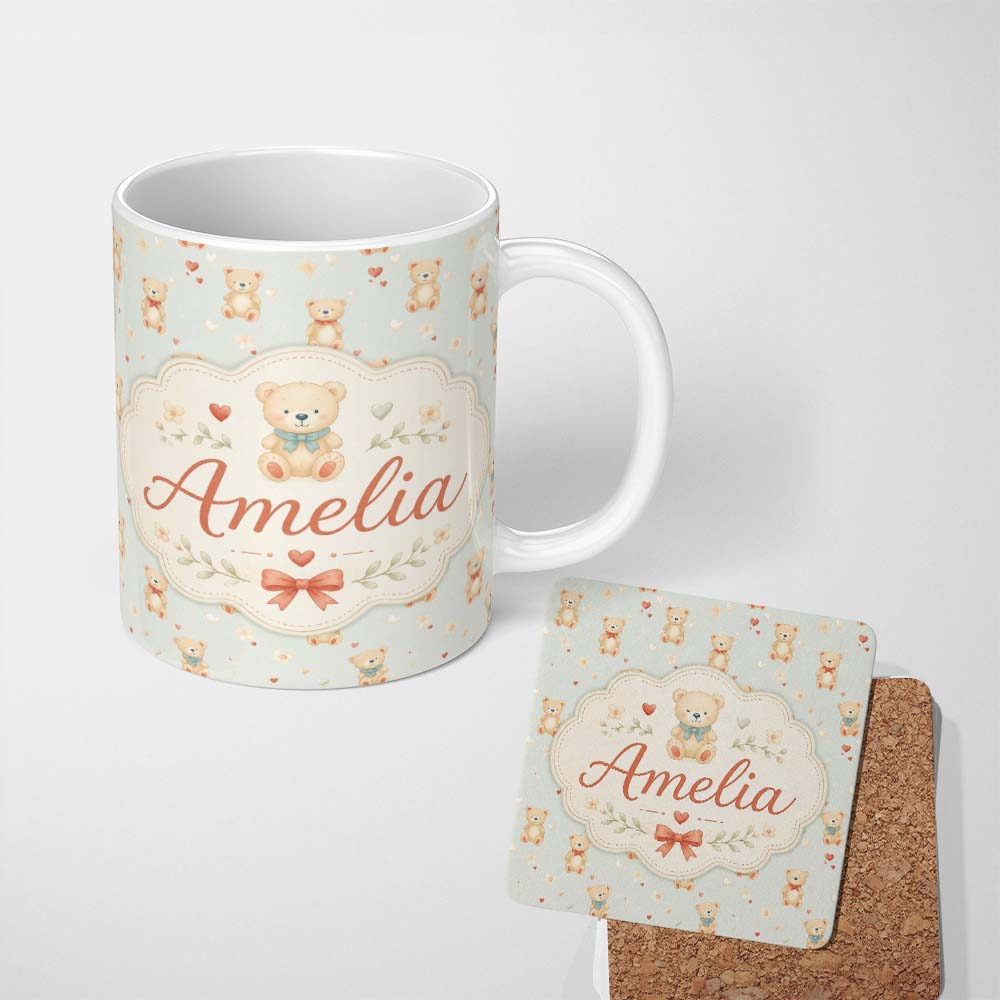 Personalized Custom Name Cute Teddy Bears with Hearts on Soft Blue Background Seamless 11oz Ceramic Coffee Tea Mug White Large Handle