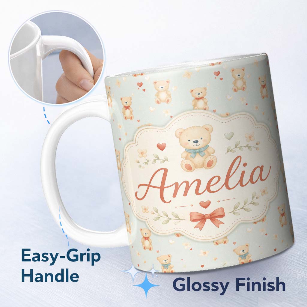 Personalized Custom Name Cute Teddy Bears with Hearts on Soft Blue Background Seamless 11oz Ceramic Coffee Tea Mug White Large Handle