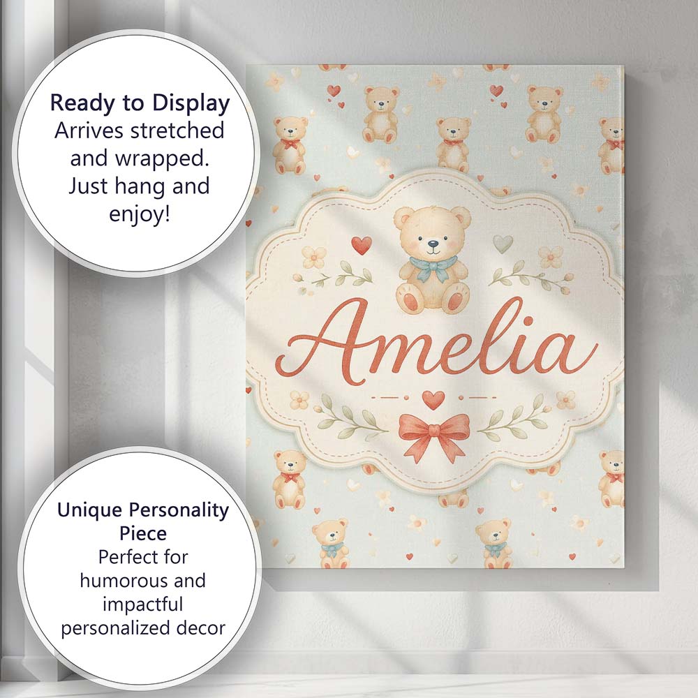 Personalised Name Cute Teddy Bears with Custom  Modern Room Accent Elegant Feature Canvas Wall Art Print Decor Picture Ready to Hang
