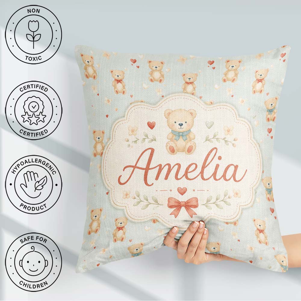Custom Name Cute Teddy Bears with Hearts on Soft Blue Background Square Filled Cushion Throw Pillow Sofa Bed Home Decor Zip Washable UK Made