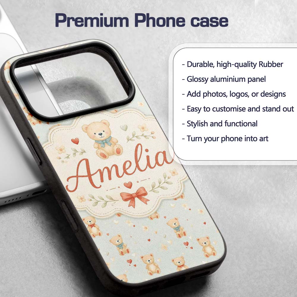 Cute Teddy Bears with Hearts on Printed Design Custom Name Protective Phone Case Mobile Cover Durable Everyday Smartphone Shock Resistant