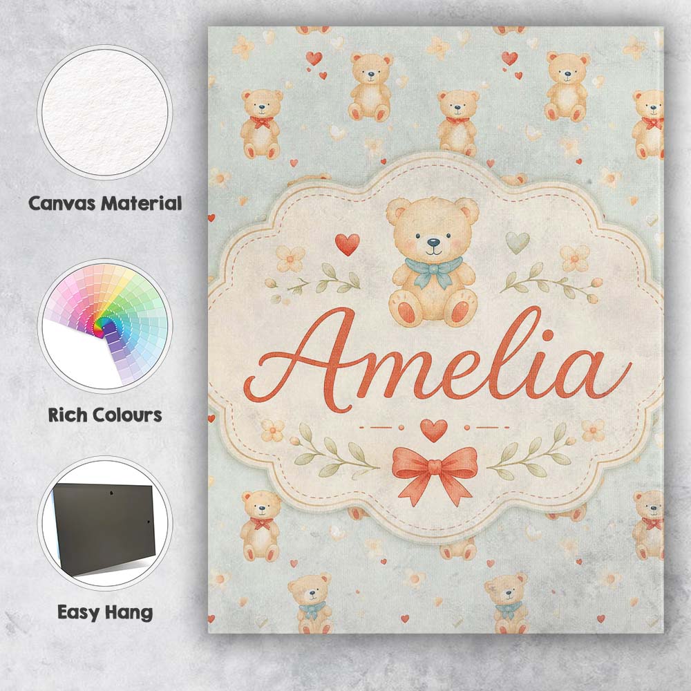 Personalised Name Cute Teddy Bears with Custom  Modern Room Accent Elegant Feature Canvas Wall Art Print Decor Picture Ready to Hang