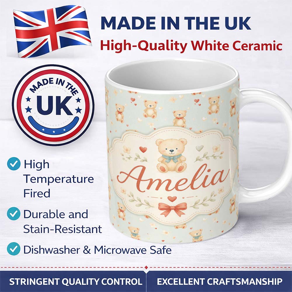 Personalized Custom Name Cute Teddy Bears with Hearts on Soft Blue Background Seamless 11oz Ceramic Coffee Tea Mug White Large Handle