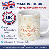 Personalized Custom Name Cute Teddy Bears with Hearts on Soft Blue Background Seamless 11oz Ceramic Coffee Tea Mug White Large Handle
