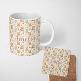 Personalized Custom Name Cute Teddy Bears with Roses and Vintage Floral Background Seamless 11oz Ceramic Coffee Tea Mug White Large Handle