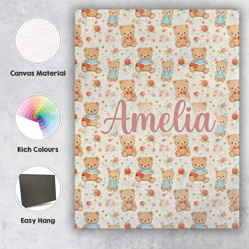 Personalised Name Cute Teddy Bears with Custom  Modern Room Accent Elegant Feature Canvas Wall Art Print Decor Picture Ready to Hang