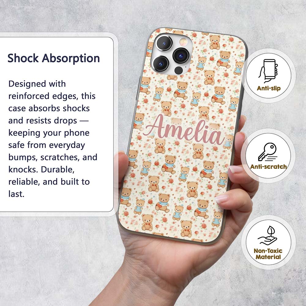 Cute Teddy Bears with Roses and Vintage Floral Custom Name Protective Phone Case Mobile Cover Durable Everyday Smartphone Shock Resistant