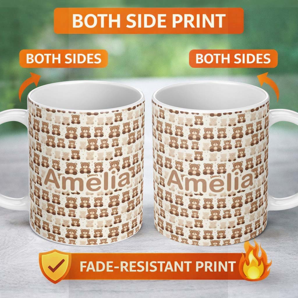 Personalized Custom Name Brown Teddy Bears Repeat Pattern with Neutral Tones Seamless Name 11oz Ceramic Coffee Tea Mug White Large Handle