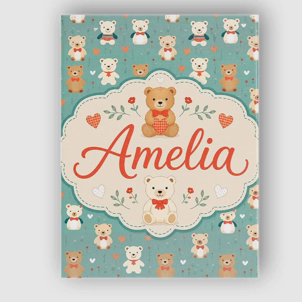 Personalised Name Cute Teddy Bears with Custom  Modern Room Accent Elegant Feature Canvas Wall Art Print Decor Picture Ready to Hang