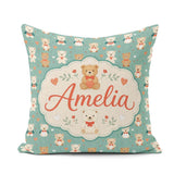 Custom Name Teddy Bears with Bows and Hearts on Teal Background Square Filled Cushion Throw Pillow Sofa Bed Home Decor Zip Washable UK Made