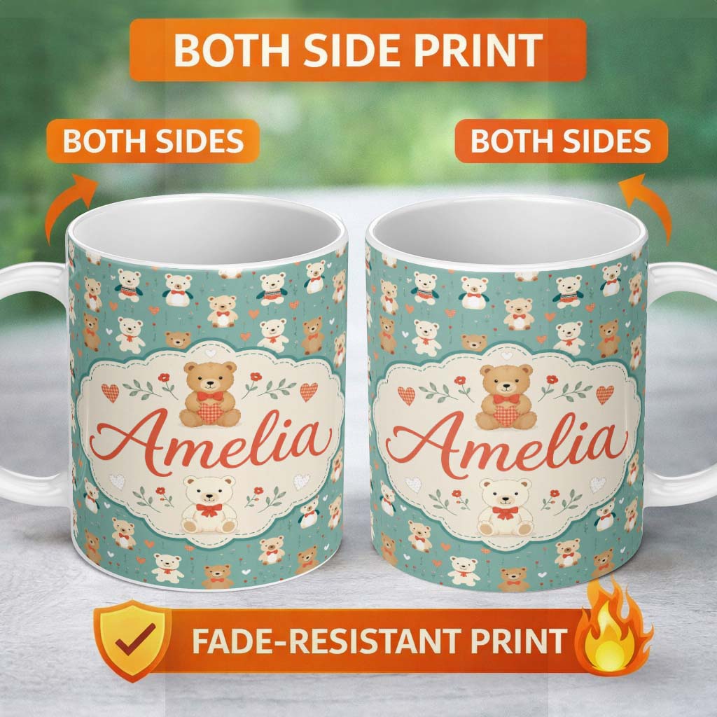 Personalized Custom Name Cute Teddy Bears with Bows and Hearts on Teal Background Seamless 11oz Ceramic Coffee Tea Mug White Large Handle